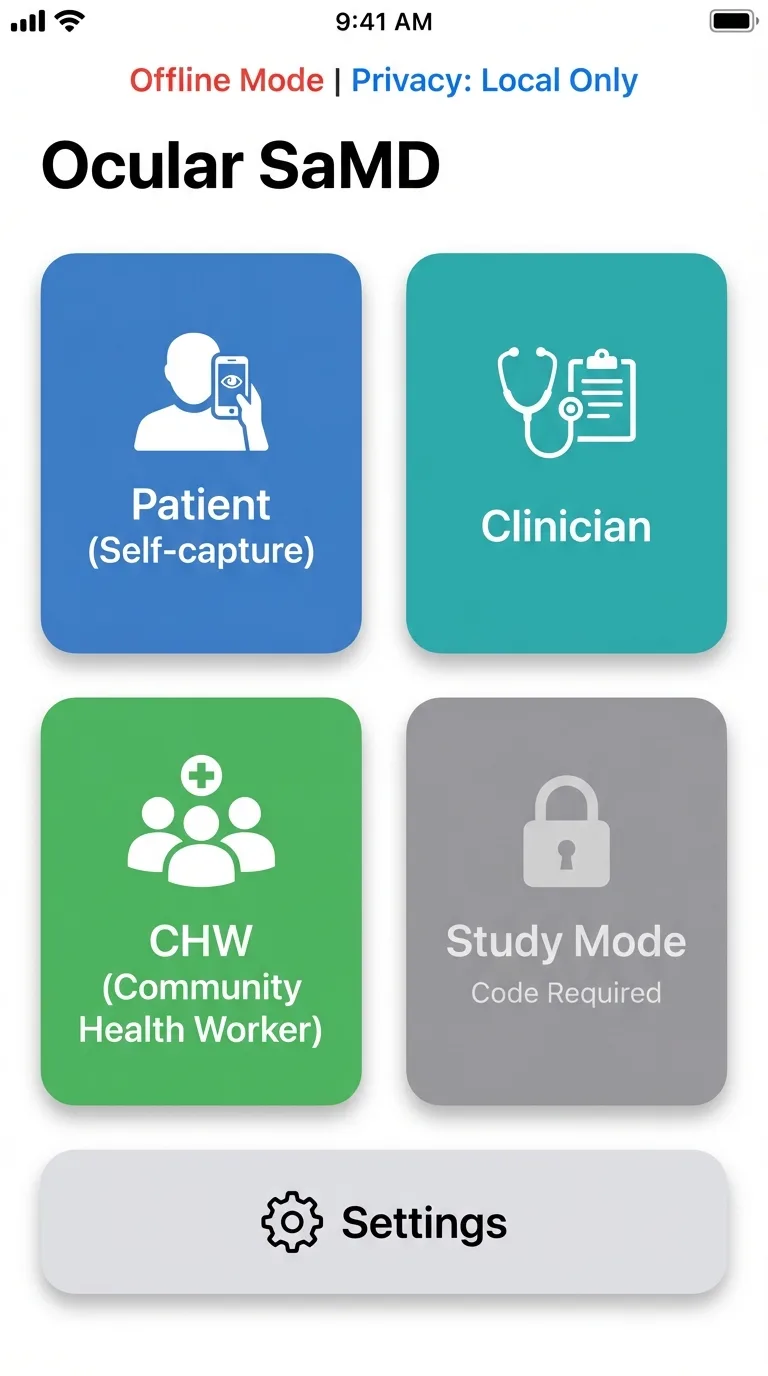 NoDraw app screen for selecting conjunctiva, sclera, or pupillometry capture mode.